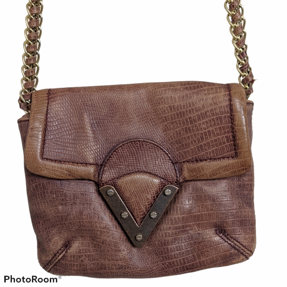 Pour La Victoire Calais Mini Crossbody Bag Embossed Leather Chain Strap Brown
